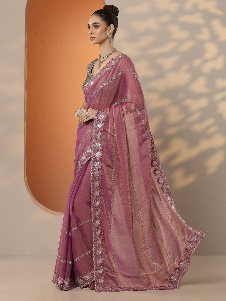 Pink Embellished Organza Saree With Unstitched Blouse Piece