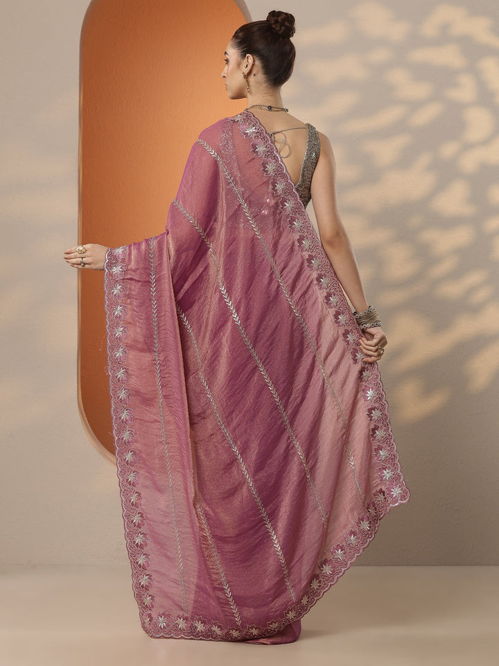 Pink Embellished Organza Saree With Unstitched Blouse Piece