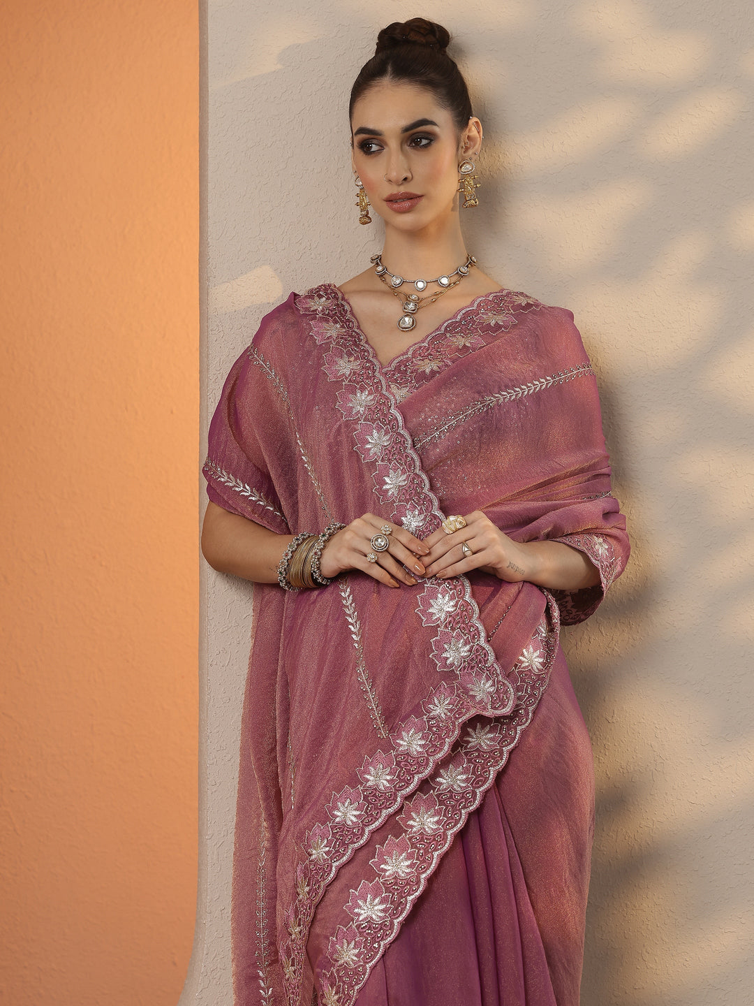 Pink Embellished Organza Saree With Unstitched Blouse Piece