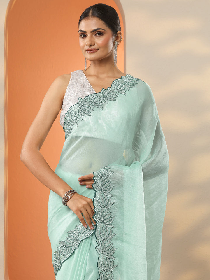 Green Solid Organza Saree With Unstitched Blouse Piece
