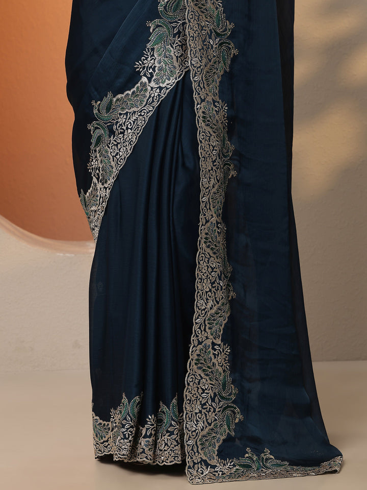 Navy Blue Solid Chiffon Saree With Unstitched Blouse Piece