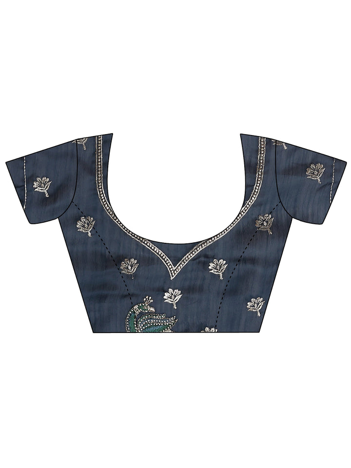 Navy Blue Solid Chiffon Saree With Unstitched Blouse Piece