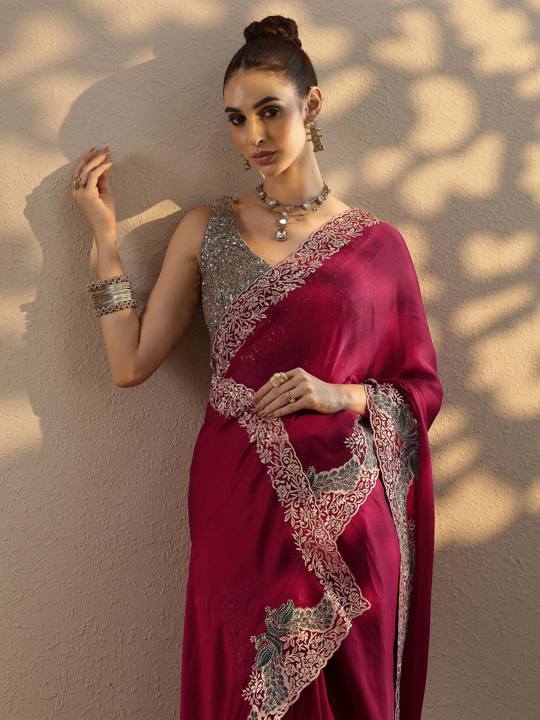 Red Solid Chiffon Saree With Unstitched Blouse Piece