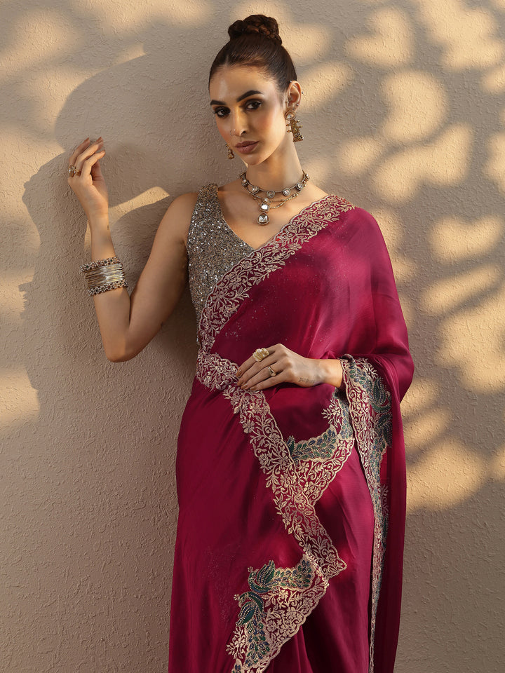 Red Solid Chiffon Saree With Unstitched Blouse Piece