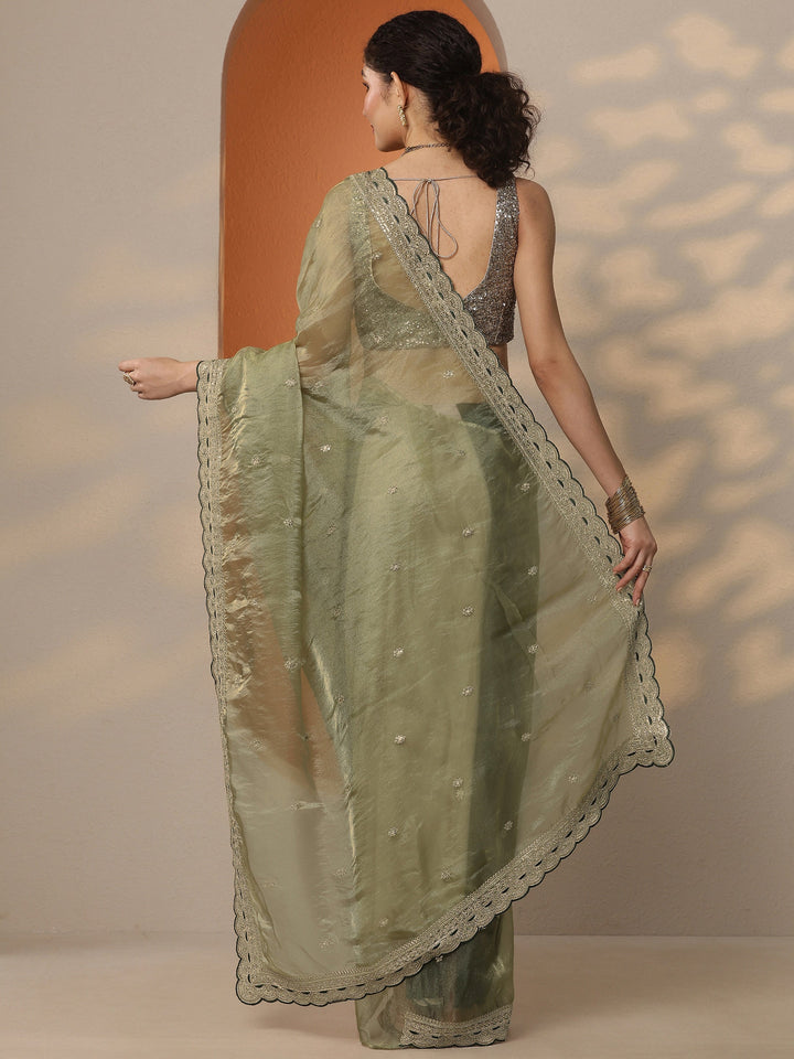 Green Embroidered Organza Saree With Unstitched Blouse Piece
