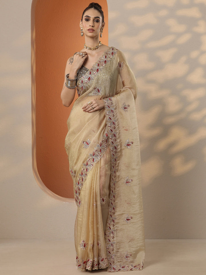 Beige Embroidered Organza Saree With Unstitched Blouse Piece
