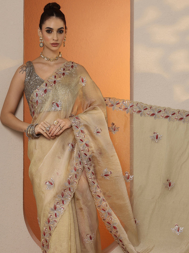 Beige Embroidered Organza Saree With Unstitched Blouse Piece