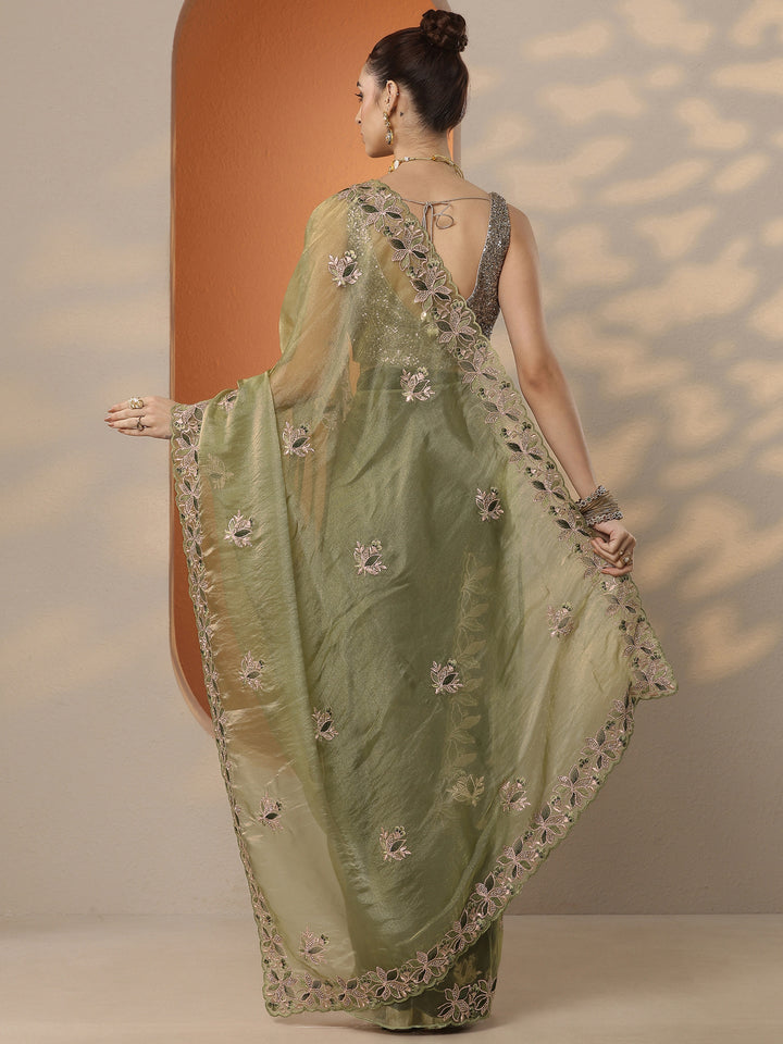 Green Embroidered Organza Saree With Unstitched Blouse Piece