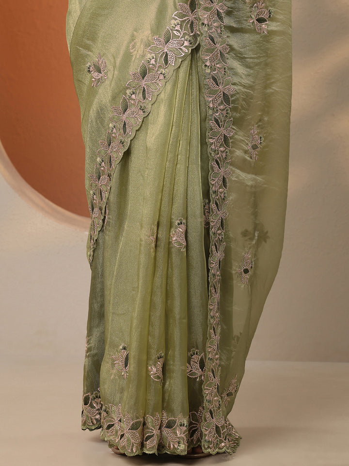 Green Embroidered Organza Saree With Unstitched Blouse Piece
