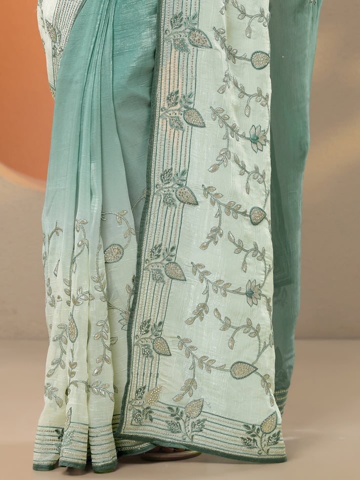 Green Embellished Organza Saree With Unstitched Blouse Piece