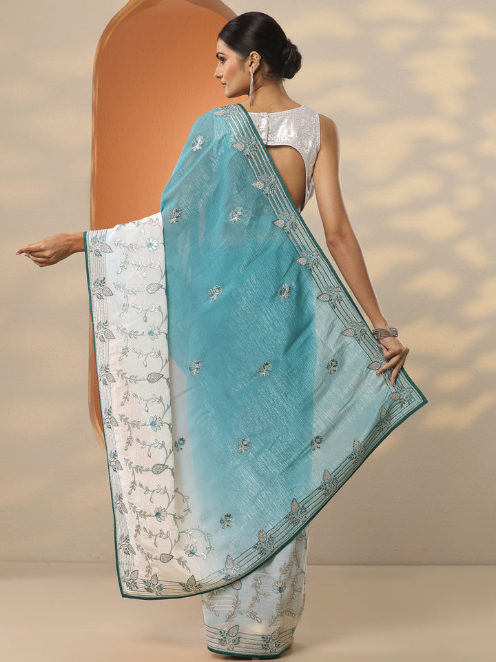 Blue Embellished Organza Saree With Unstitched Blouse Piece
