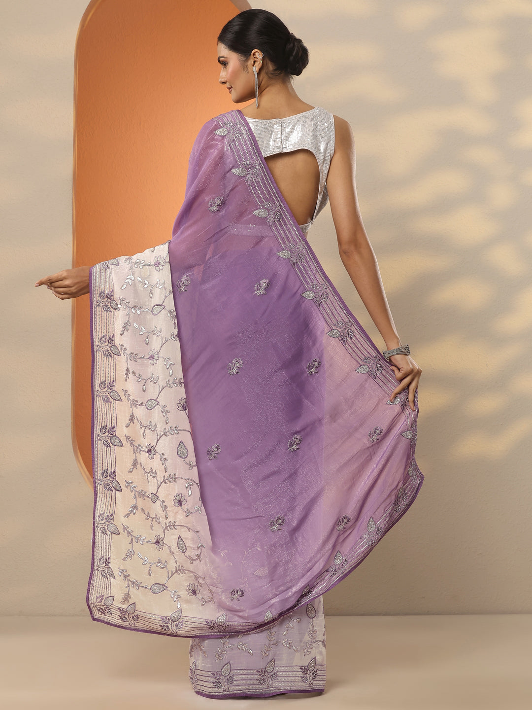 Lavender Embellished Organza Saree With Unstitched Blouse Piece