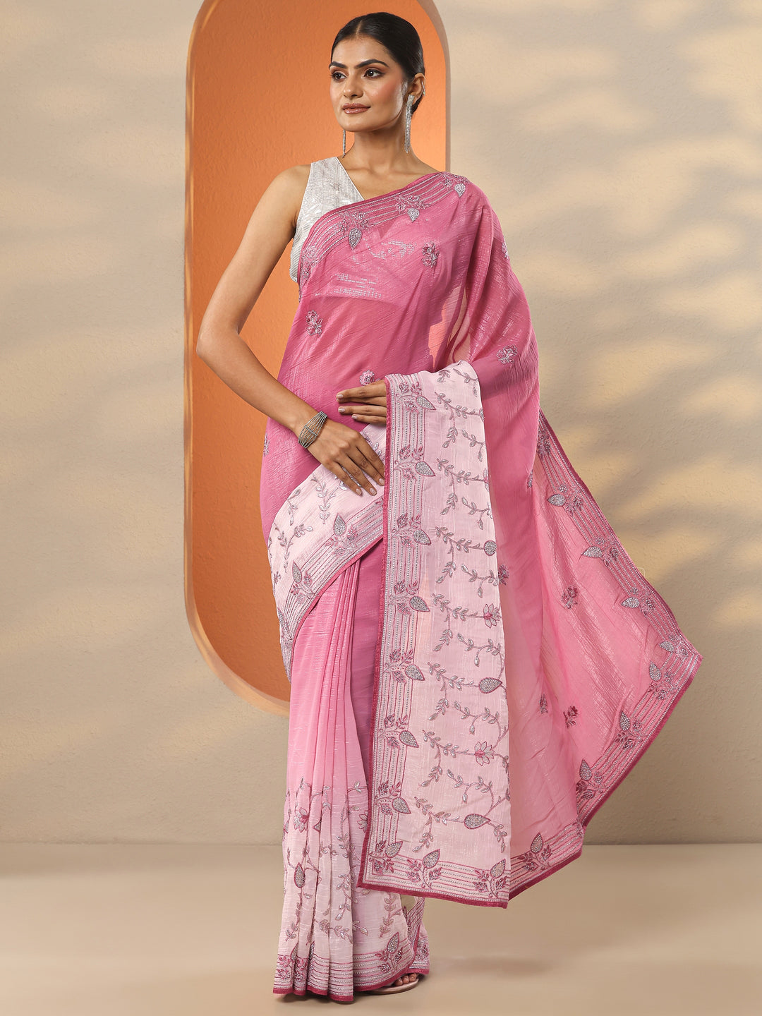 Pink Embellished Organza Saree With Unstitched Blouse Piece