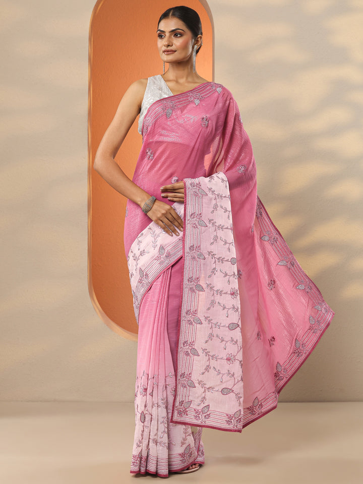 Pink Embellished Organza Saree With Unstitched Blouse Piece