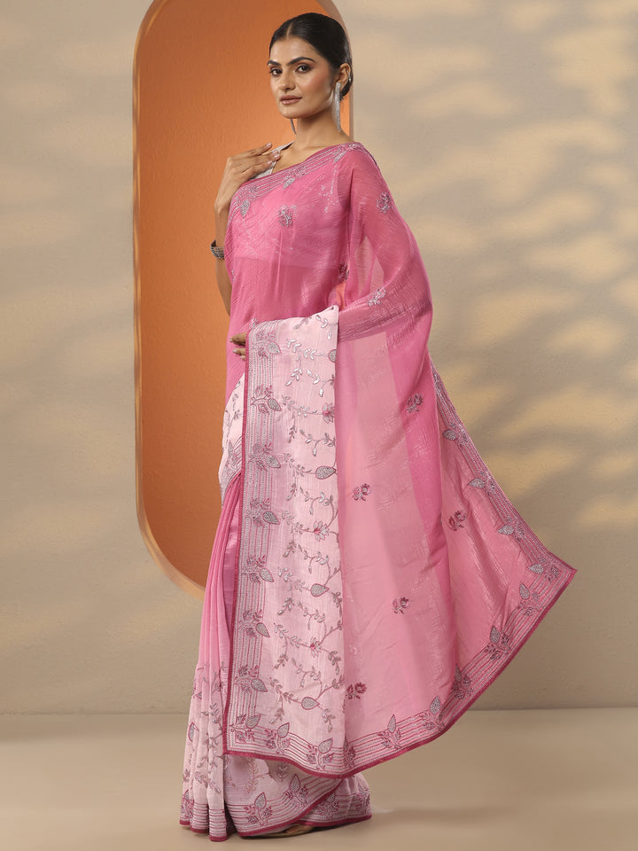 Pink Embellished Organza Saree With Unstitched Blouse Piece