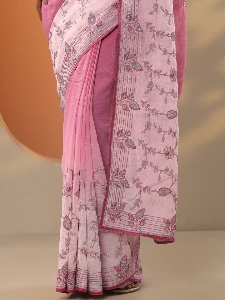 Pink Embellished Organza Saree With Unstitched Blouse Piece