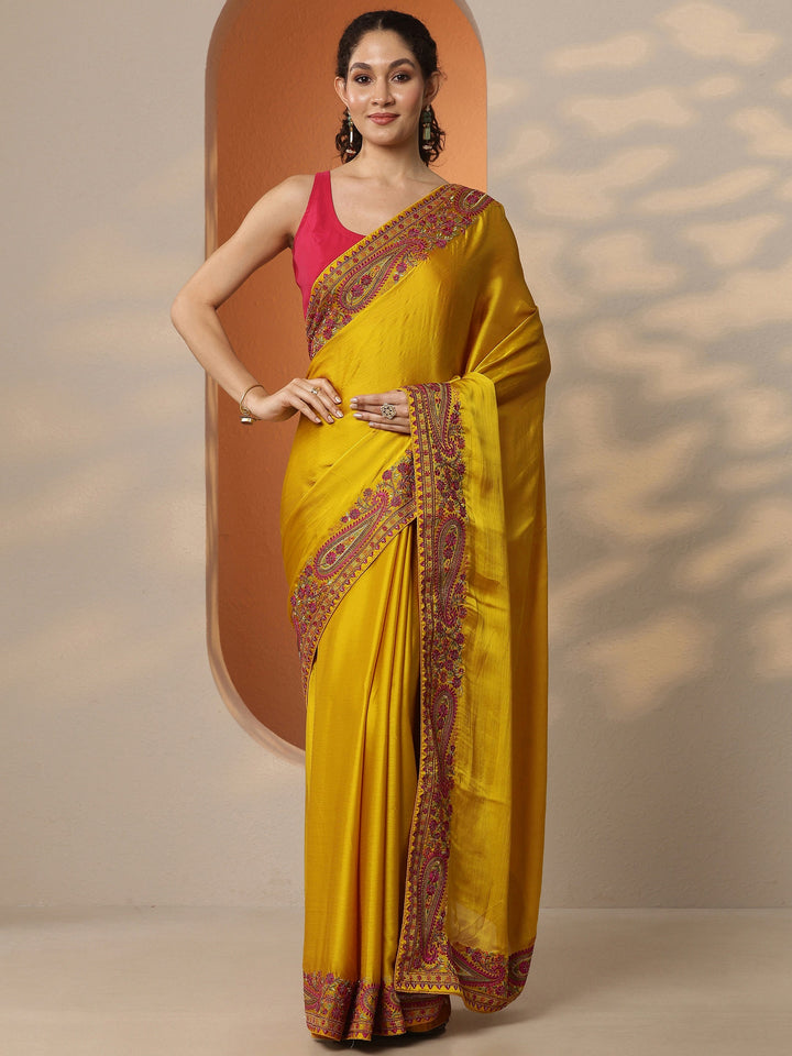 Mustard Solid Chiffon Saree With Unstitched Blouse Piece