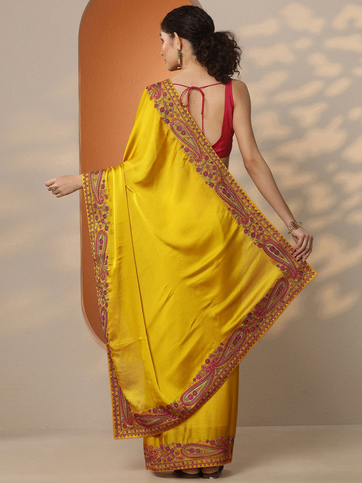 Mustard Solid Chiffon Saree With Unstitched Blouse Piece