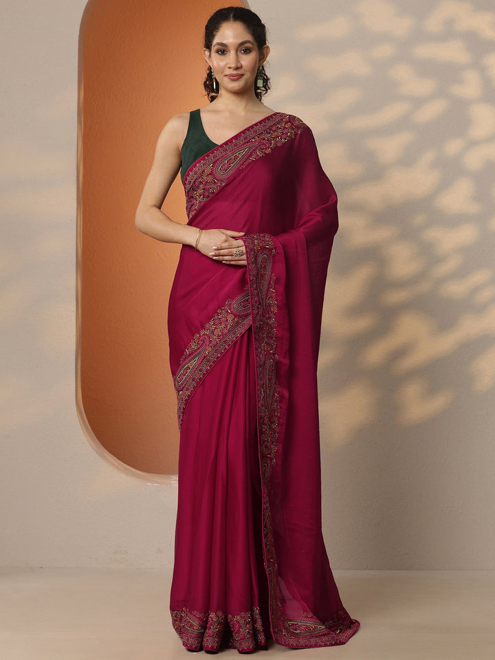 Red Solid Chiffon Saree With Unstitched Blouse Piece