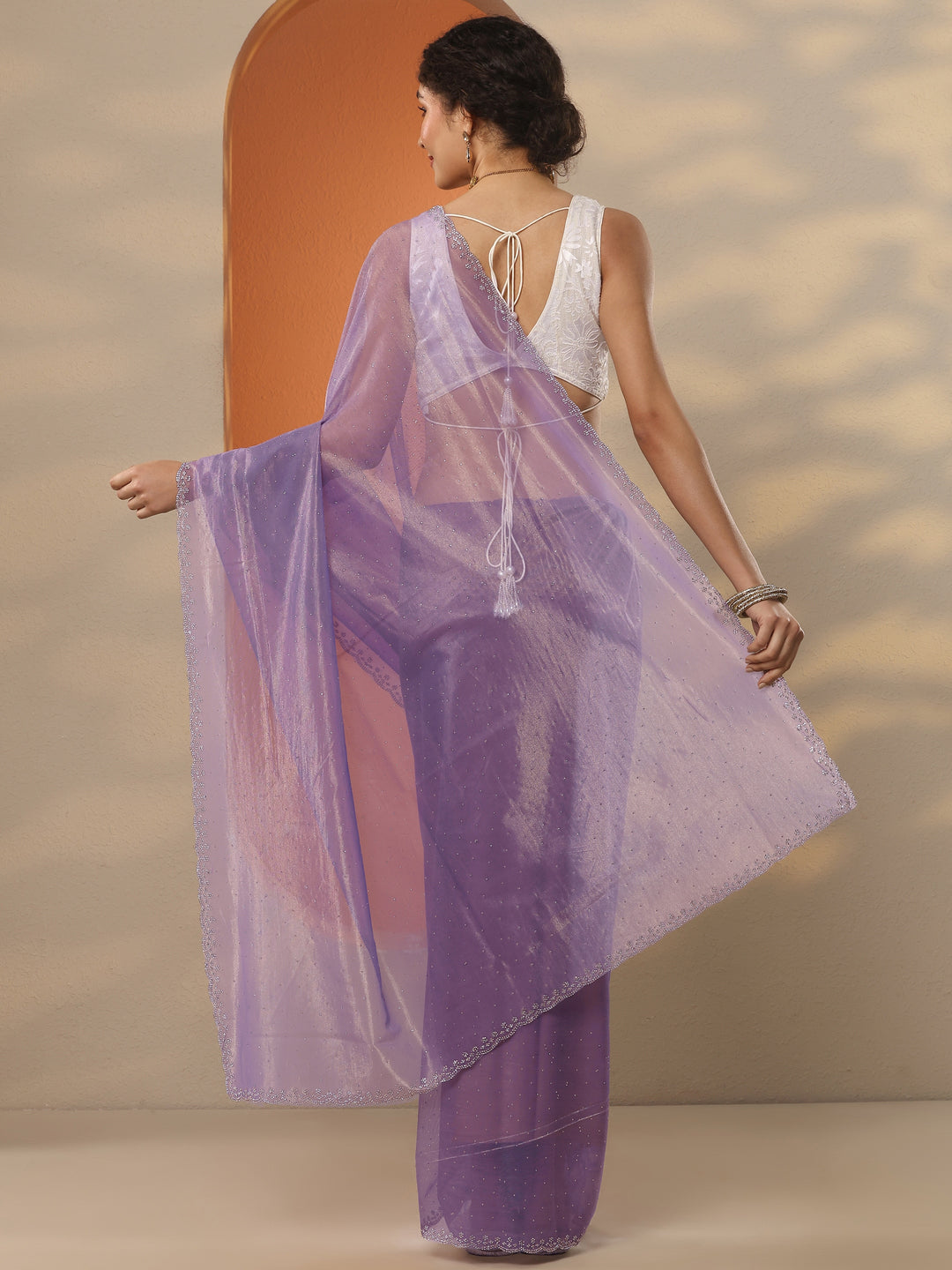 Lavender Embellished Nylon Saree With Unstitched Blouse Piece