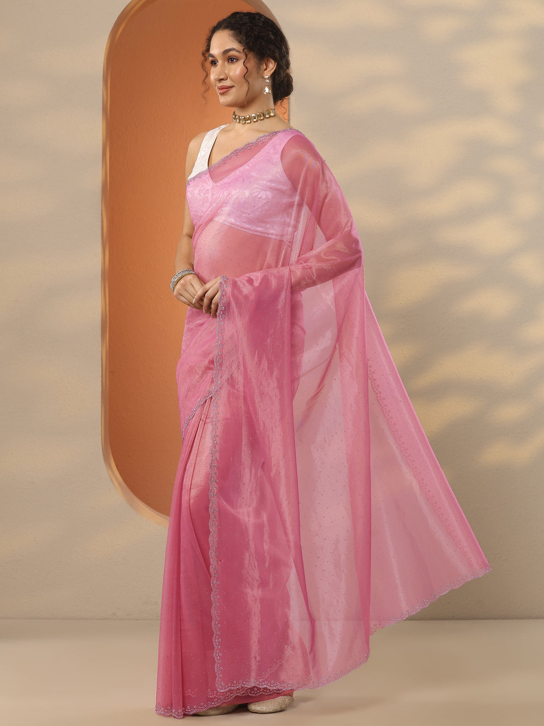 Pink Embellished Nylon Saree With Unstitched Blouse Piece
