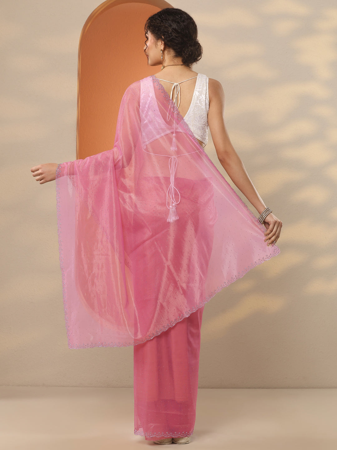 Pink Embellished Nylon Saree With Unstitched Blouse Piece