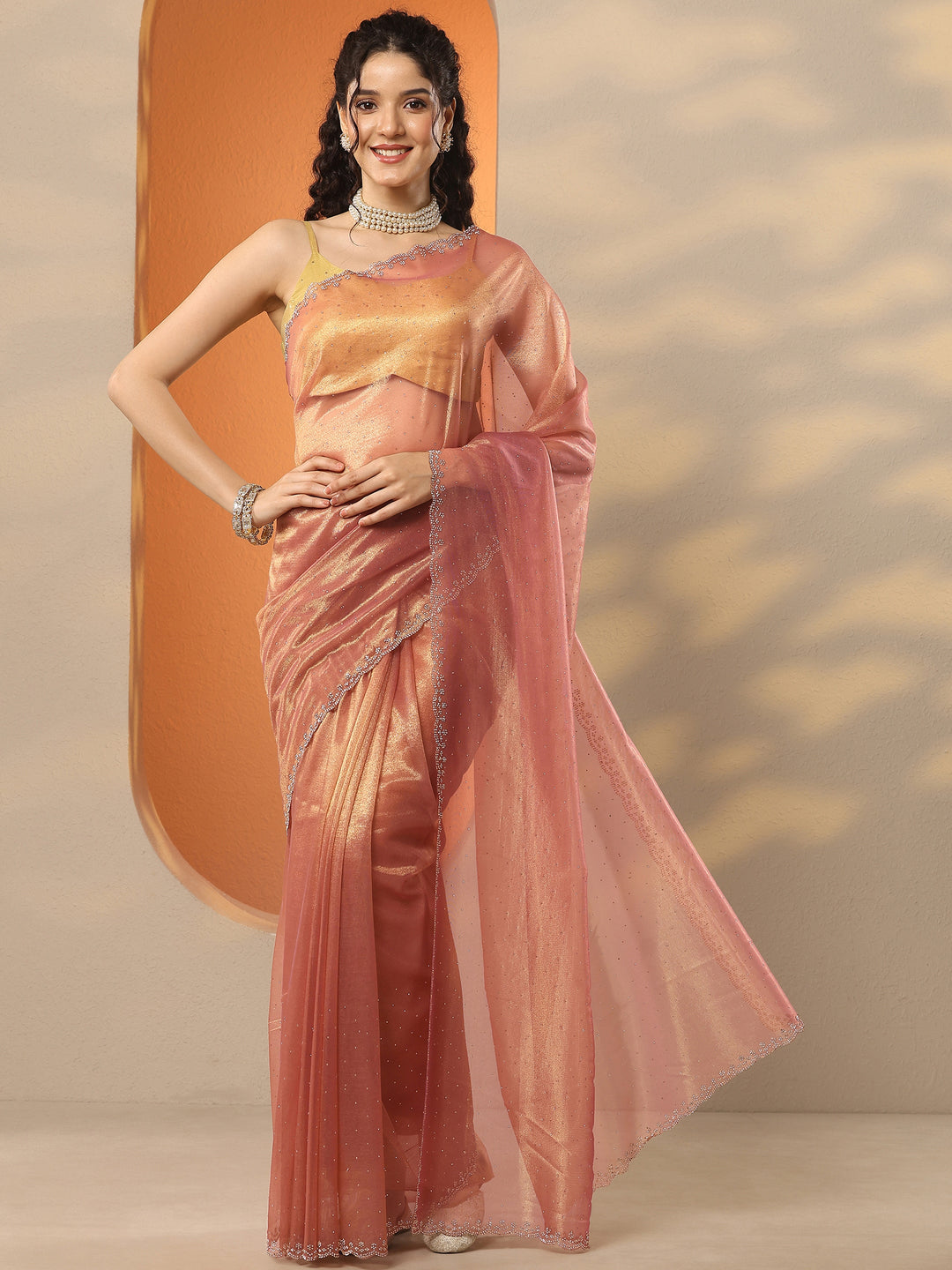 Peach Embellished Nylon Saree With Unstitched Blouse Piece