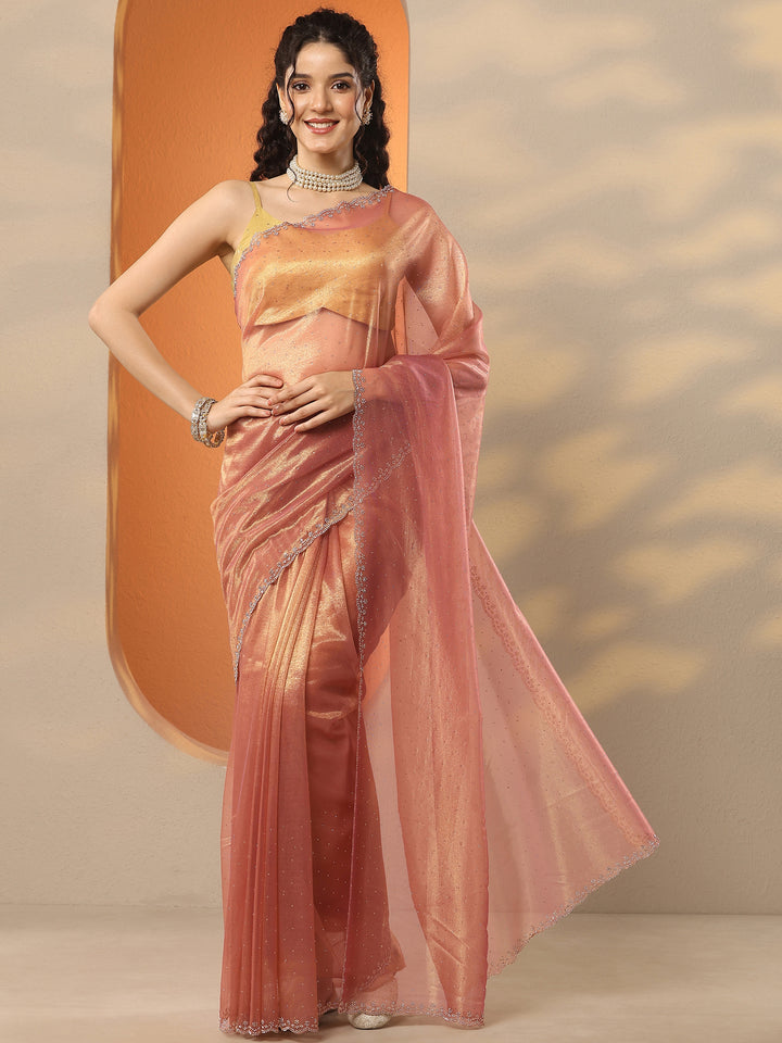 Peach Embellished Nylon Saree With Unstitched Blouse Piece