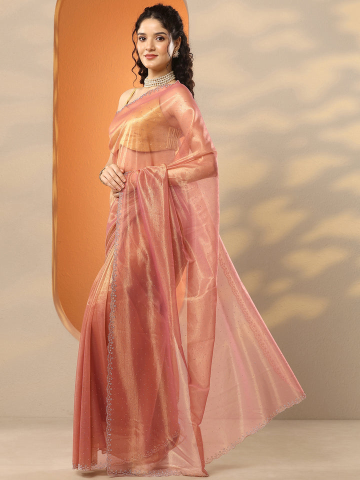 Peach Embellished Nylon Saree With Unstitched Blouse Piece