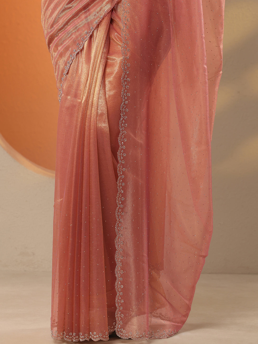 Peach Embellished Nylon Saree With Unstitched Blouse Piece