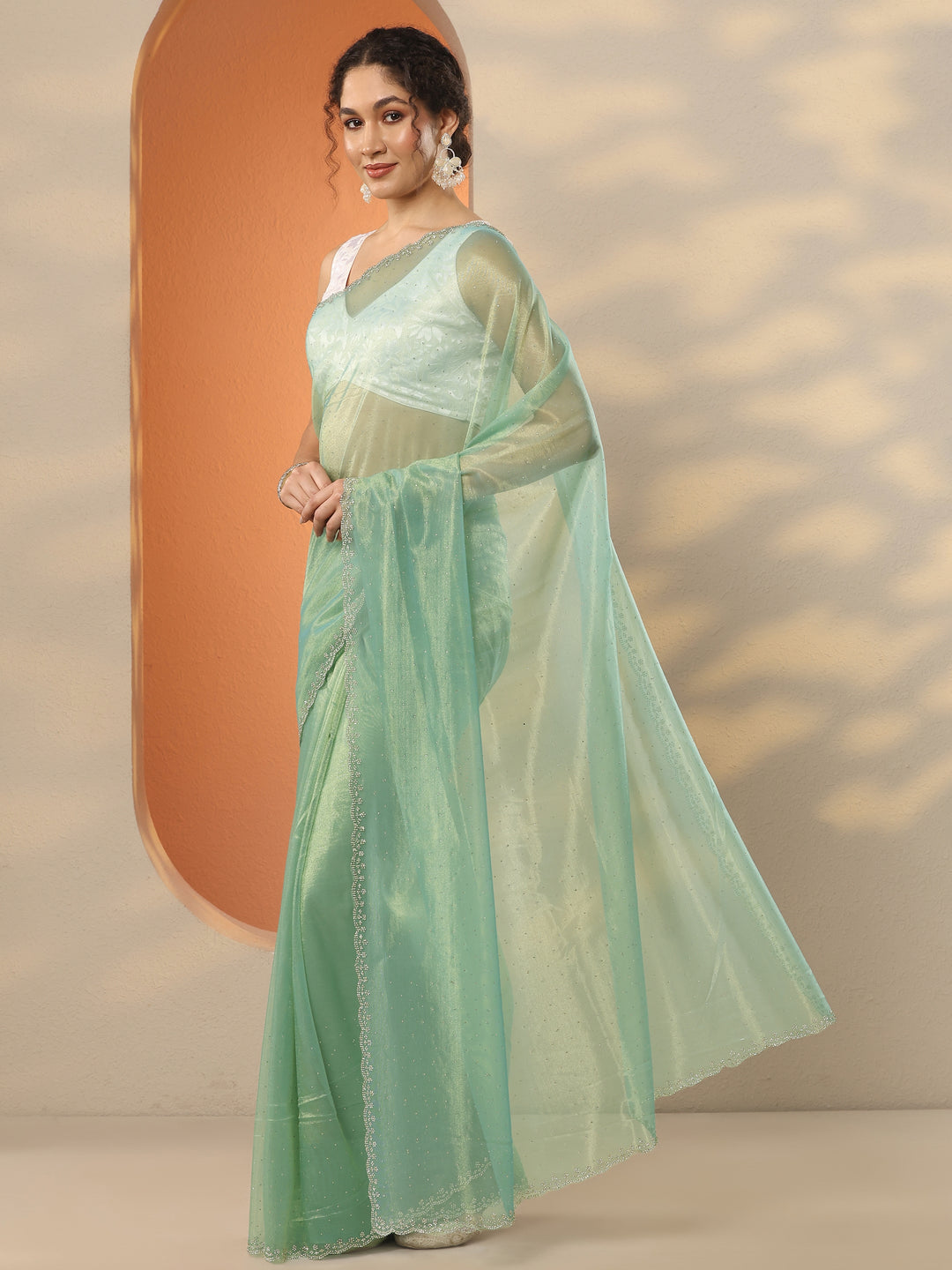 Green Embellished Nylon Saree With Unstitched Blouse Piece