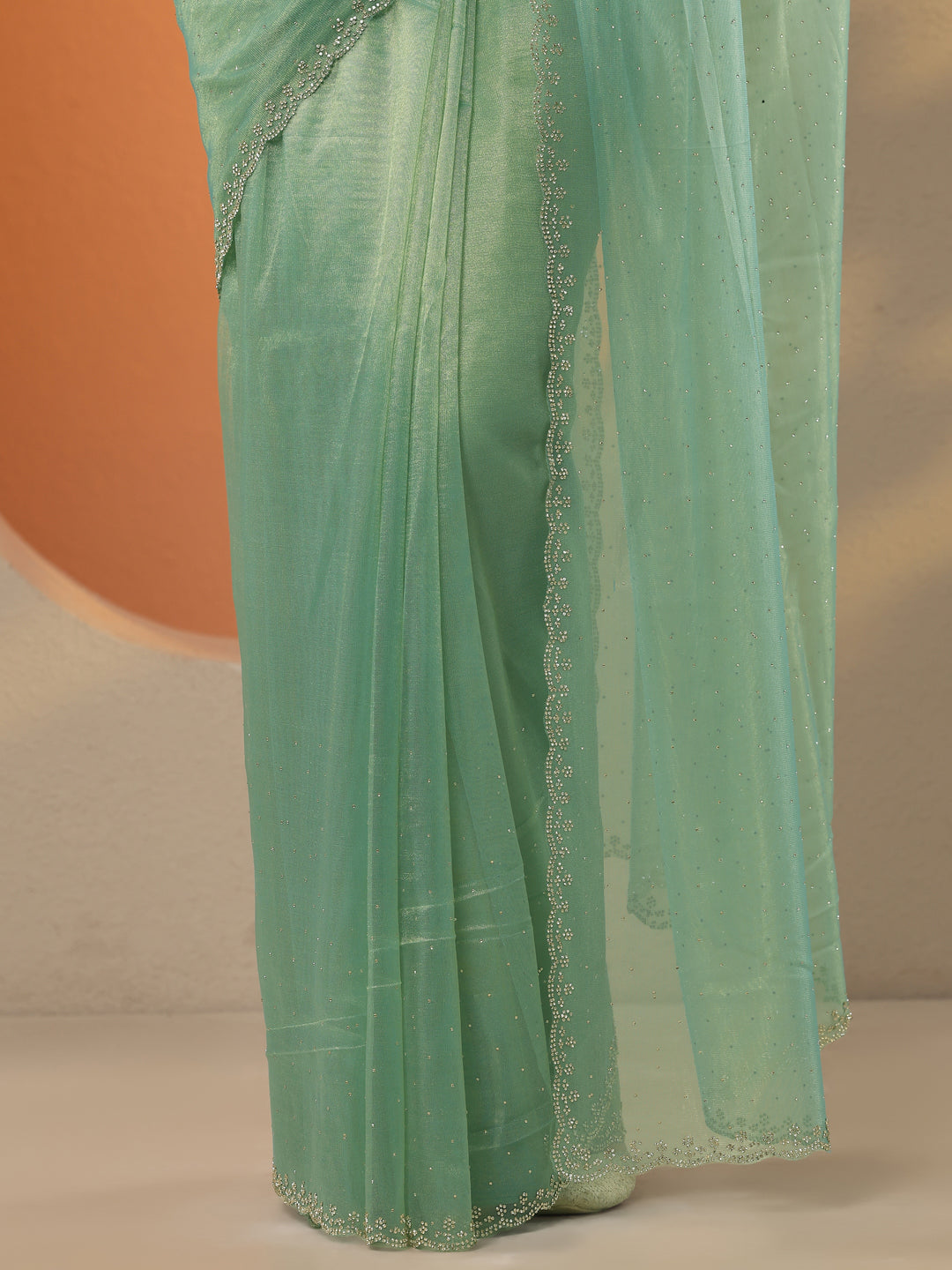Green Embellished Nylon Saree With Unstitched Blouse Piece
