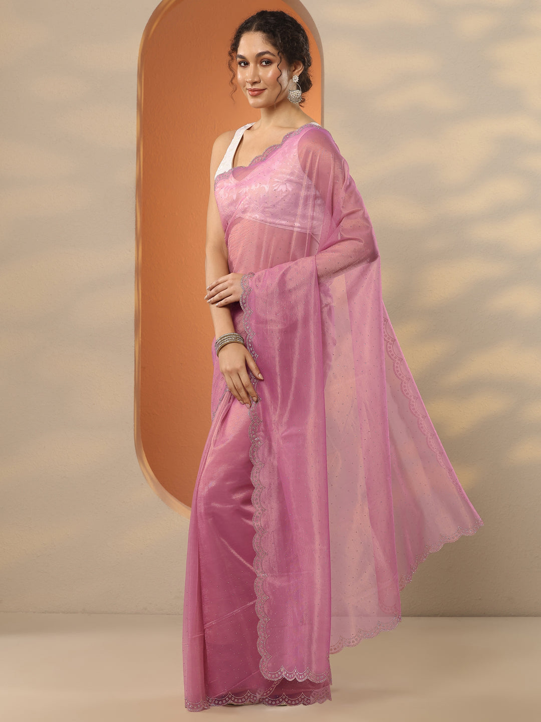 Pink Embellished Nylon Saree With Unstitched Blouse Piece