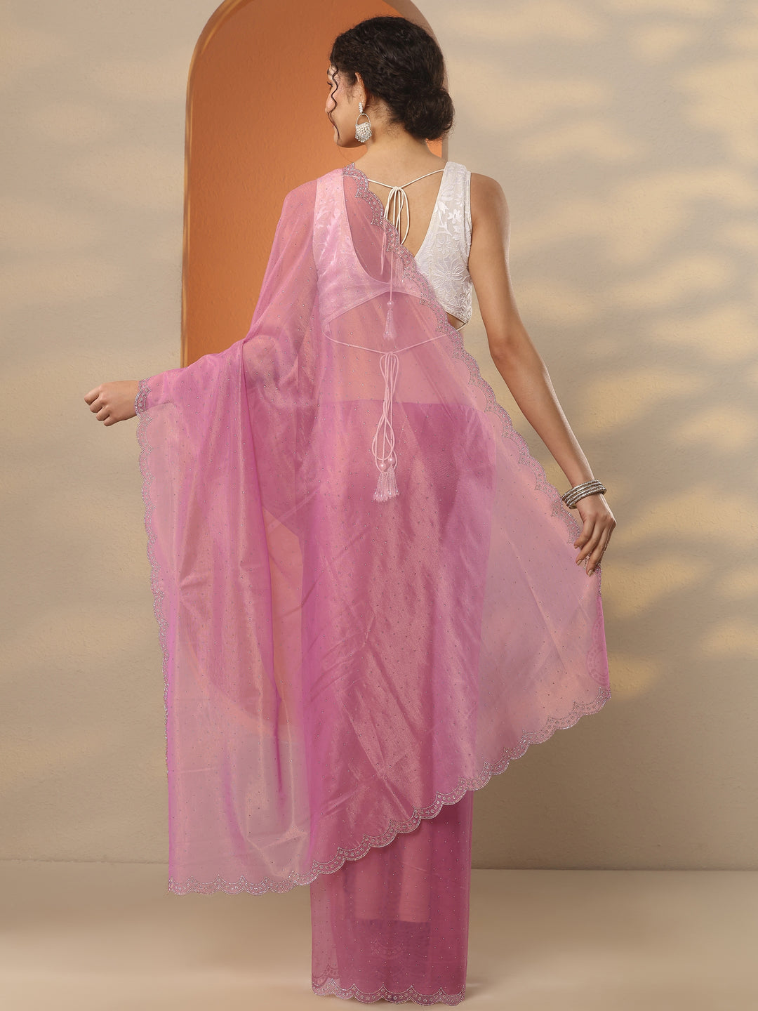 Pink Embellished Nylon Saree With Unstitched Blouse Piece