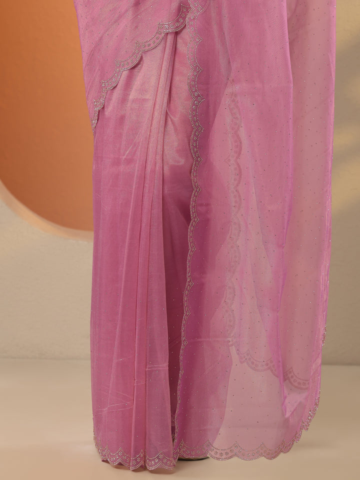 Pink Embellished Nylon Saree With Unstitched Blouse Piece