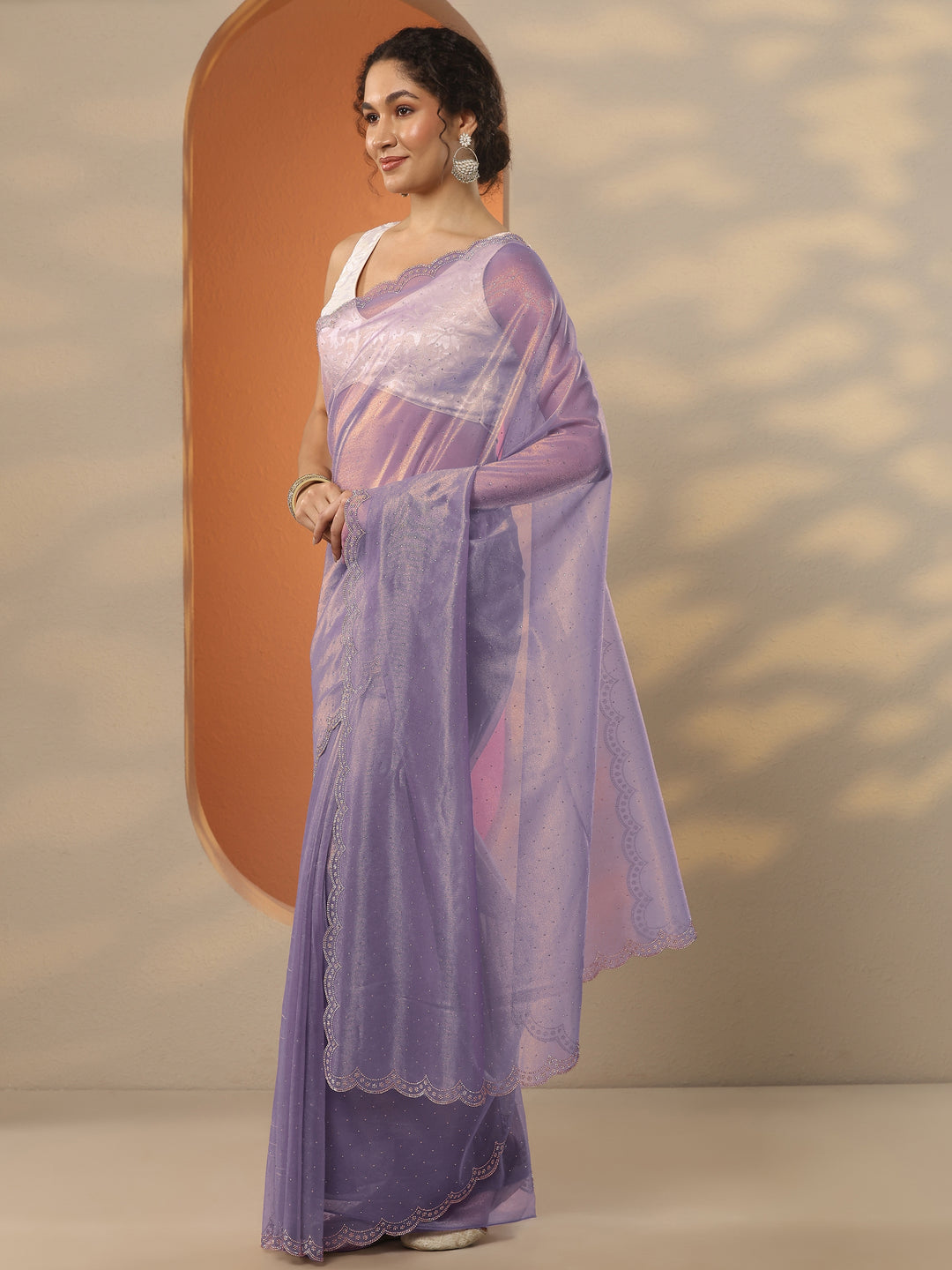Lavender Embellished Nylon Saree With Unstitched Blouse Piece