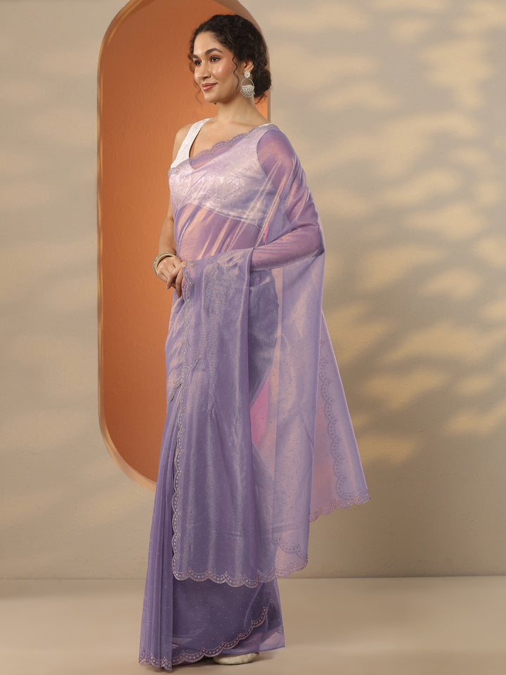 Lavender Embellished Nylon Saree With Unstitched Blouse Piece
