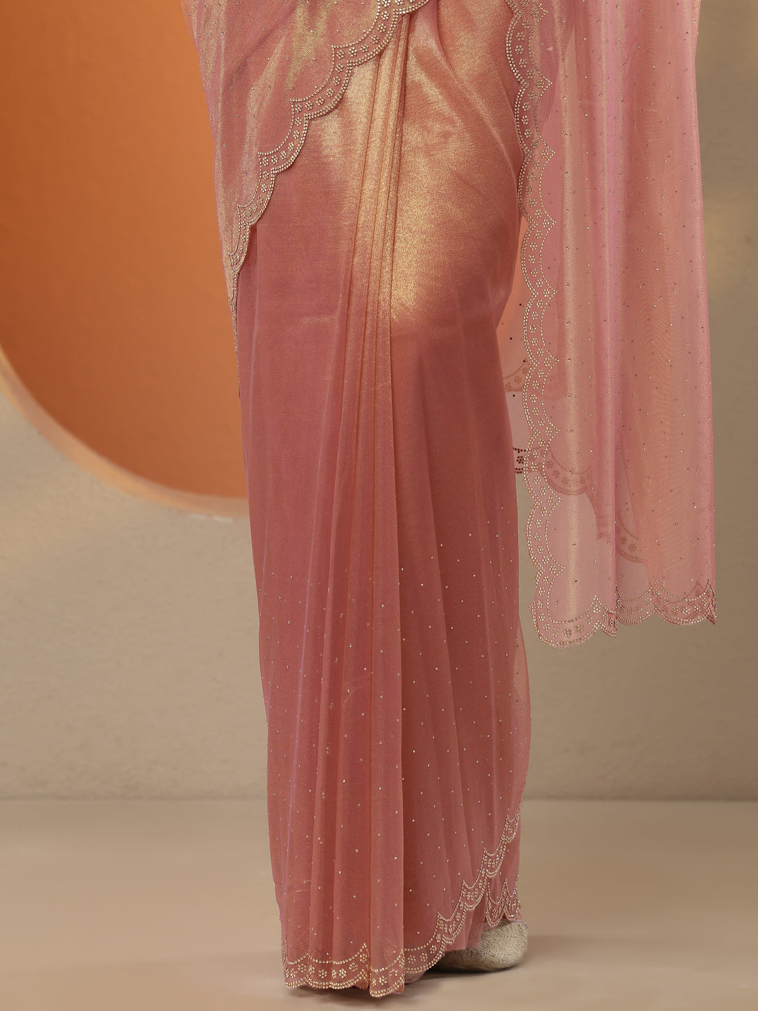 Coral Embellished Nylon Saree With Unstitched Blouse Piece