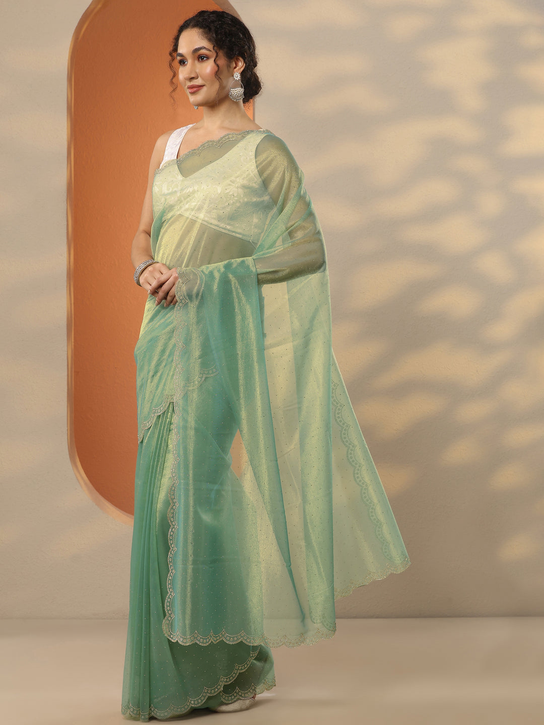 Green Embellished Nylon Saree With Unstitched Blouse Piece