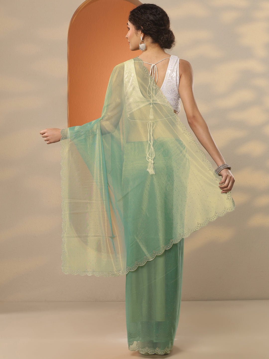 Green Embellished Nylon Saree With Unstitched Blouse Piece