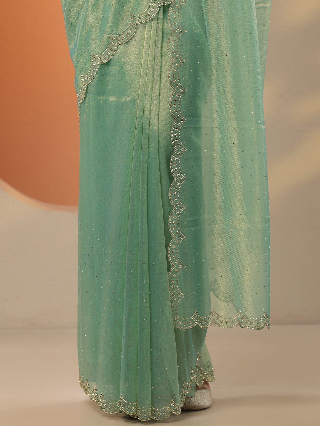 Green Embellished Nylon Saree With Unstitched Blouse Piece