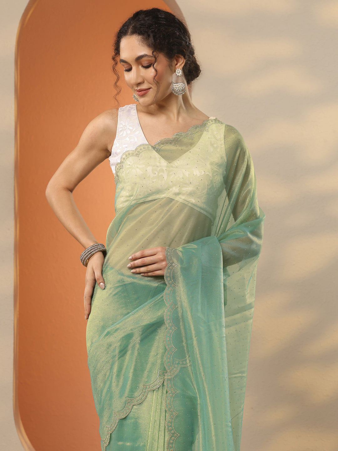 Green Embellished Nylon Saree With Unstitched Blouse Piece
