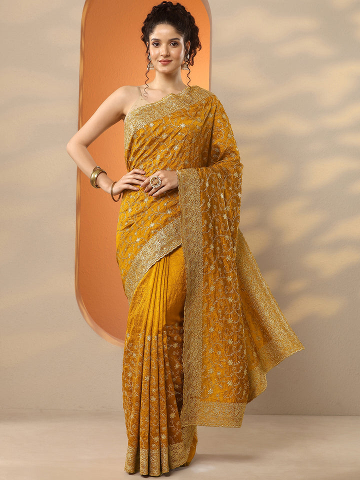 Mustard  Embellished Silk Blend Saree With Unstitched Blouse Piece