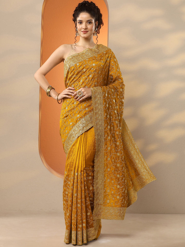 Mustard  Embellished Silk Blend Saree With Unstitched Blouse Piece