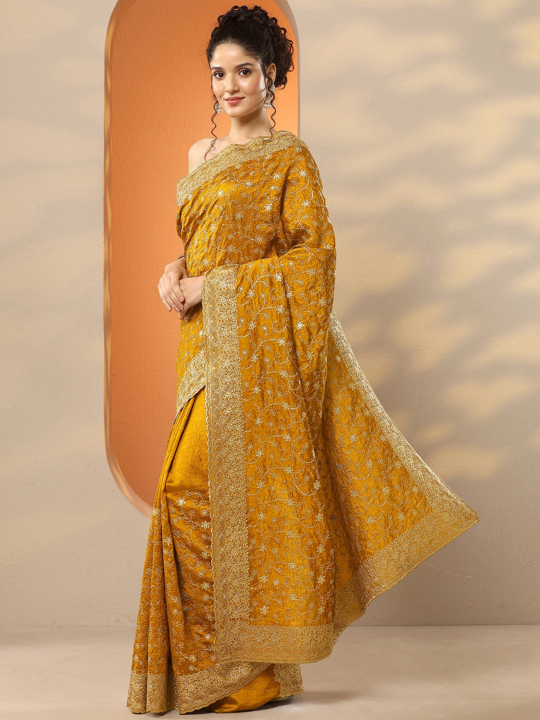 Mustard  Embellished Silk Blend Saree With Unstitched Blouse Piece