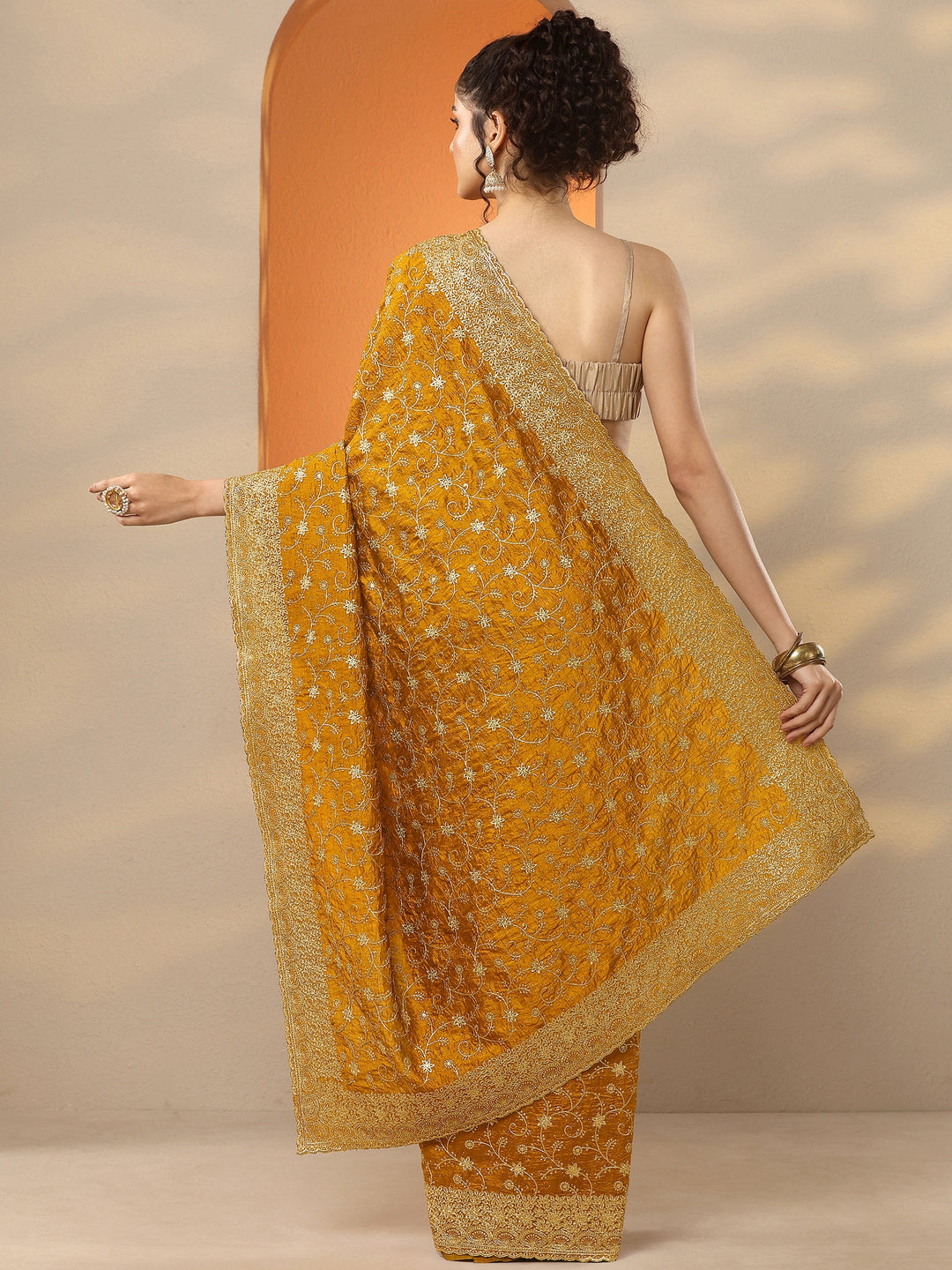 Mustard  Embellished Silk Blend Saree With Unstitched Blouse Piece
