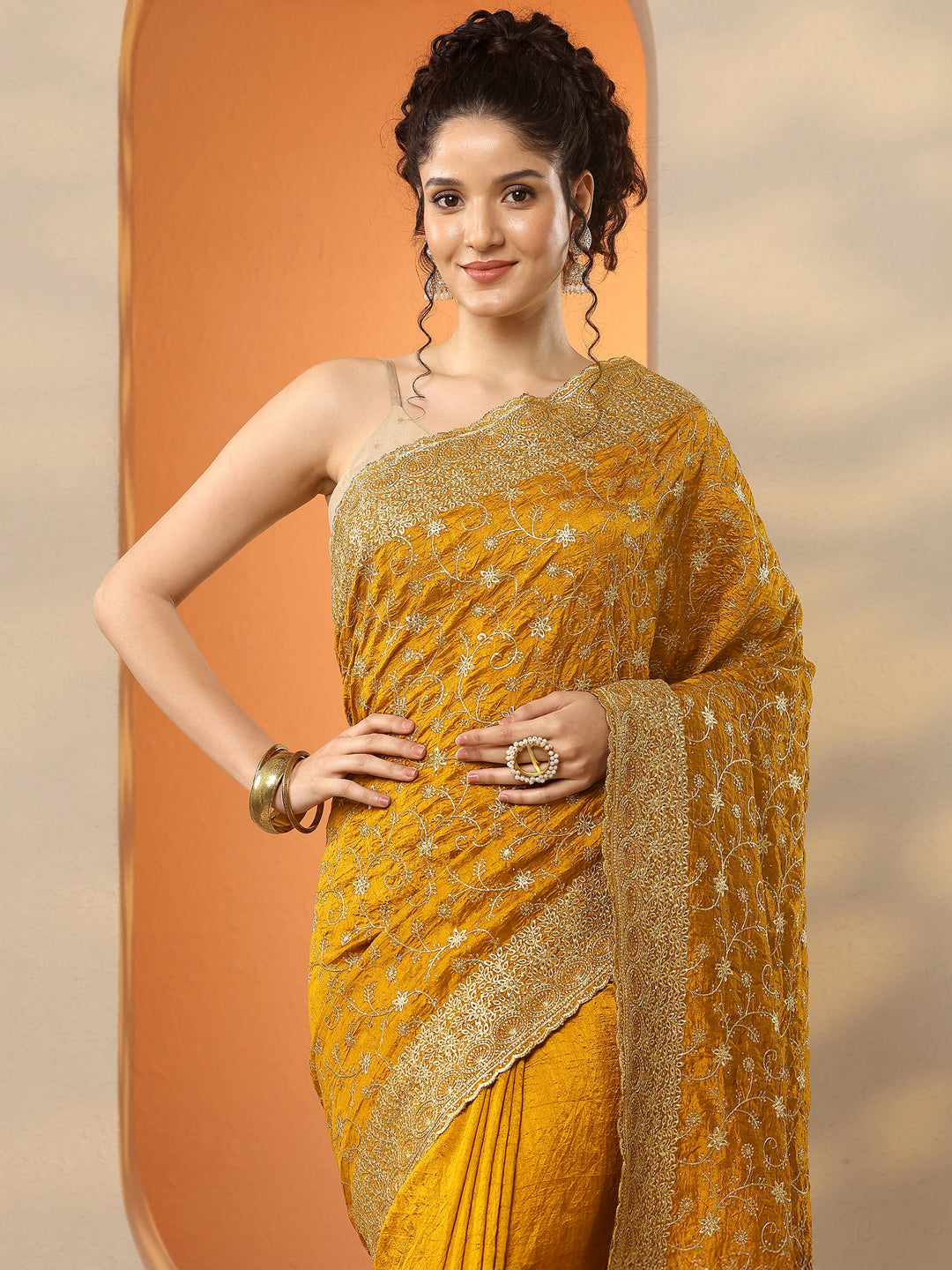 Mustard  Embellished Silk Blend Saree With Unstitched Blouse Piece
