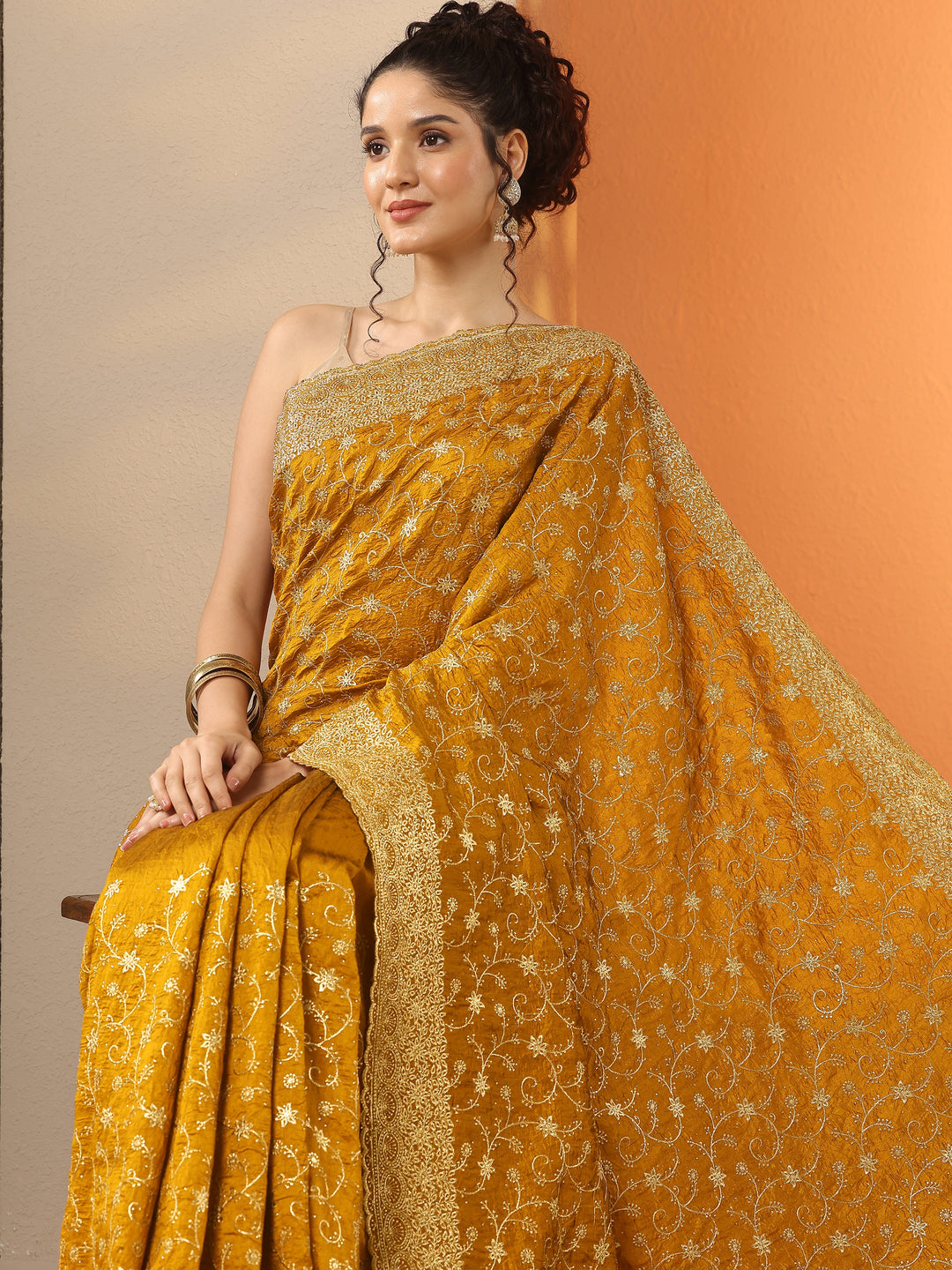 Mustard  Embellished Silk Blend Saree With Unstitched Blouse Piece