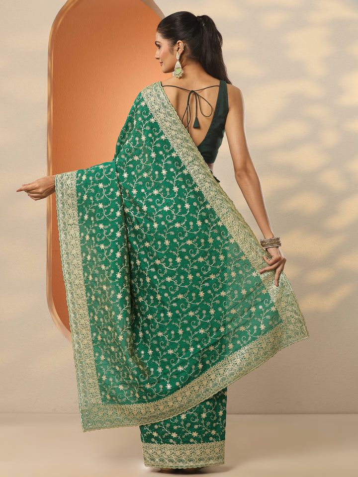 Green Embellished Silk Blend Saree With Unstitched Blouse Piece