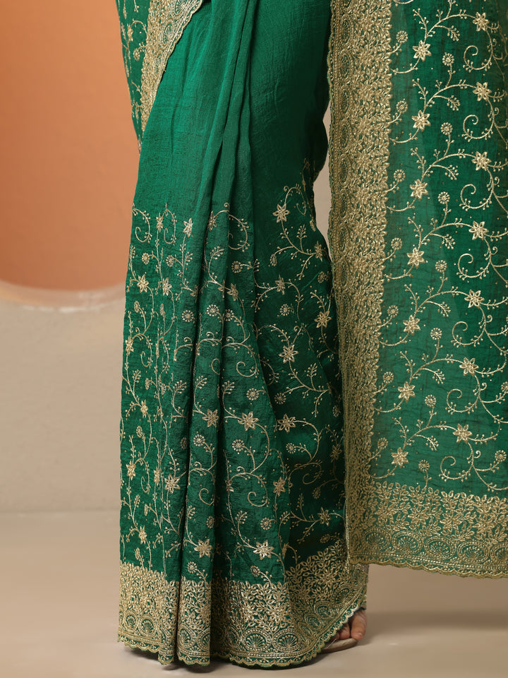 Green Embellished Silk Blend Saree With Unstitched Blouse Piece